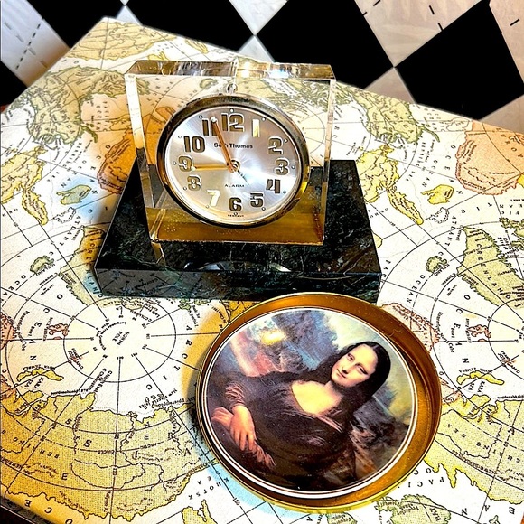 Vintage Marble Seth Thomas Desk Mantle Clock Green Marble & Lucite Mid-Century - Picture 5 of 16